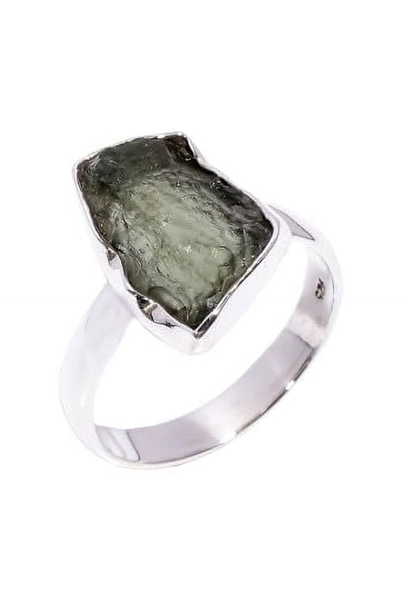 Natural Green Raw Moldavite Gemstone 925 Sterling Silver Ring Jewelry Gift for Her