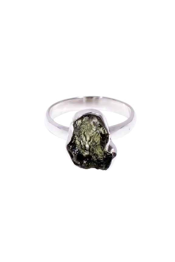 Natural Green Raw Moldavite Stone 925 Sterling Silver Ring Jewelry Gift for Her