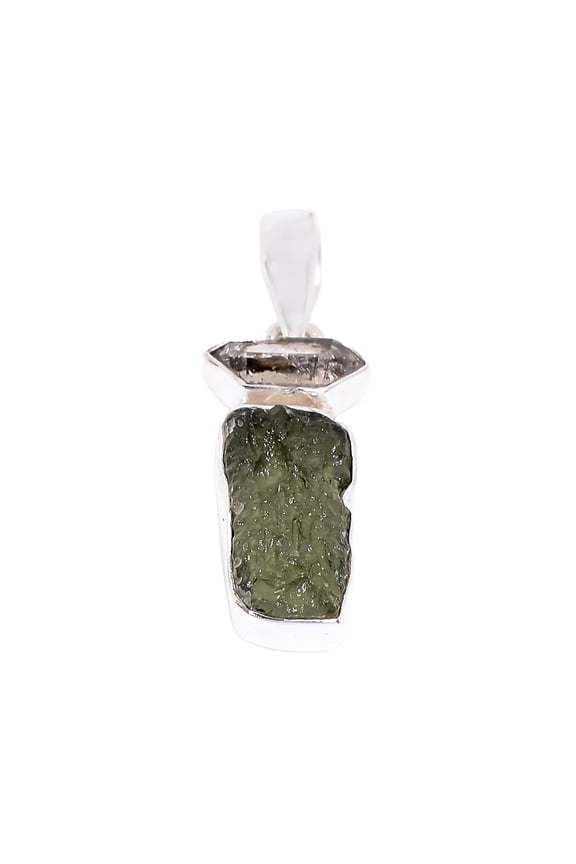 Natural Green Raw Moldavite and Herkimer Diamond Gemstone 925 Sterling Silver Handmade Statement Pendant Gift Jewelry Women