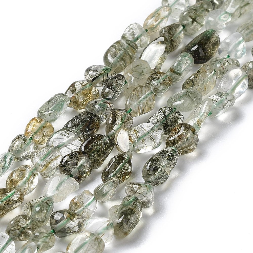 Natural Green Rutilated Quartz Beads Strands Nuggets 7~14x4~9x4~7mm Hole: 1mm about 40~50pcs/strand 15.16~15.55 inch(38.5~39.5cm)