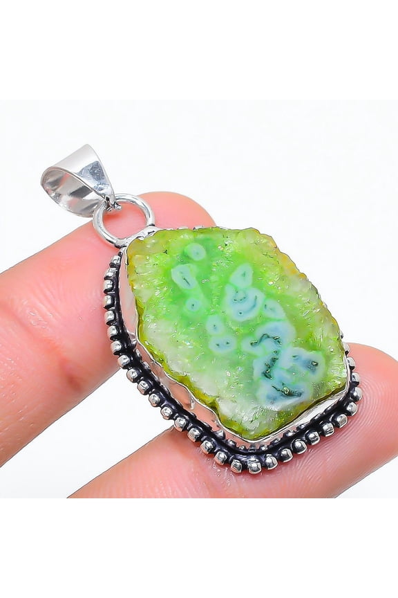 Natural Green Solar Quartz Gemstone 925 Sterling Silver Pendant 1.77"