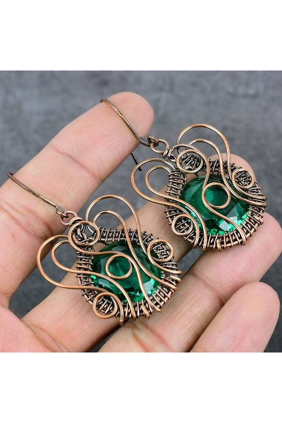 Natural Green Tourmaline Copper Wire Wrap Gift Jewelry Earring 2.56"