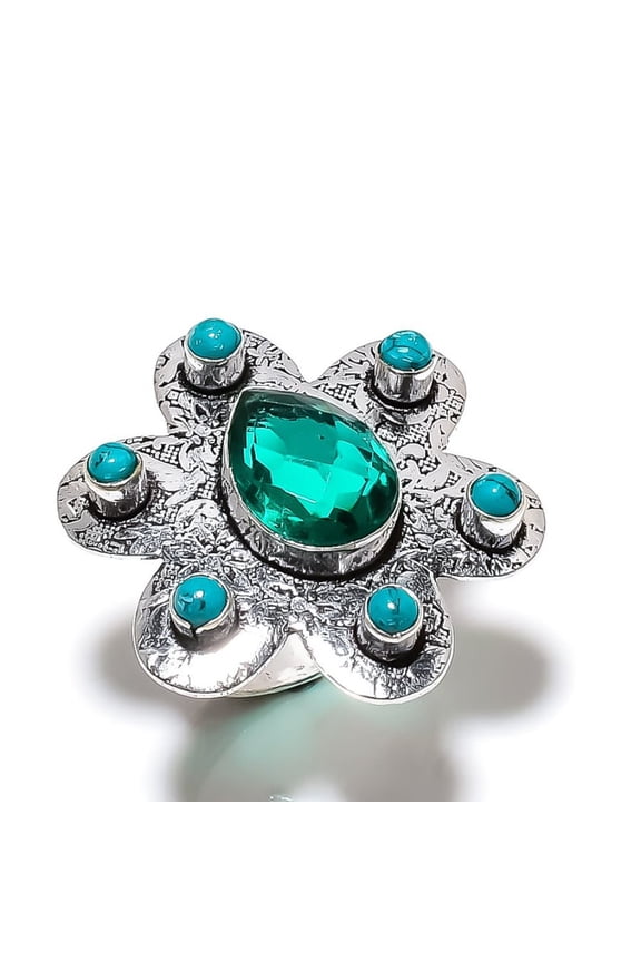 Natural Green Tourmaline, Turquoise 925 Sterling Silver Ring Size 10