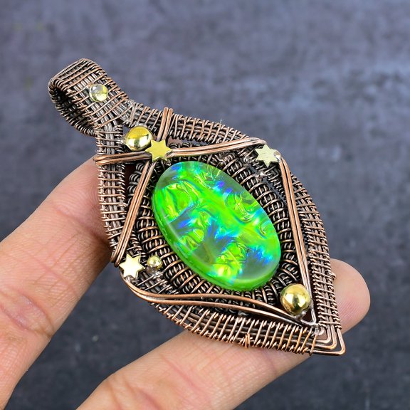 Natural Green Triplet Opal Gemstone Copper Eire Wrap Jewelry Pendant 3.43"