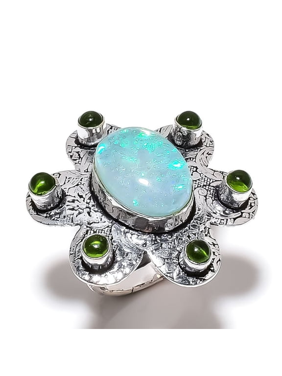 Natural Green Triplet Opal,Peridot Gemstone 925 Sterling Silver Ring Size 8