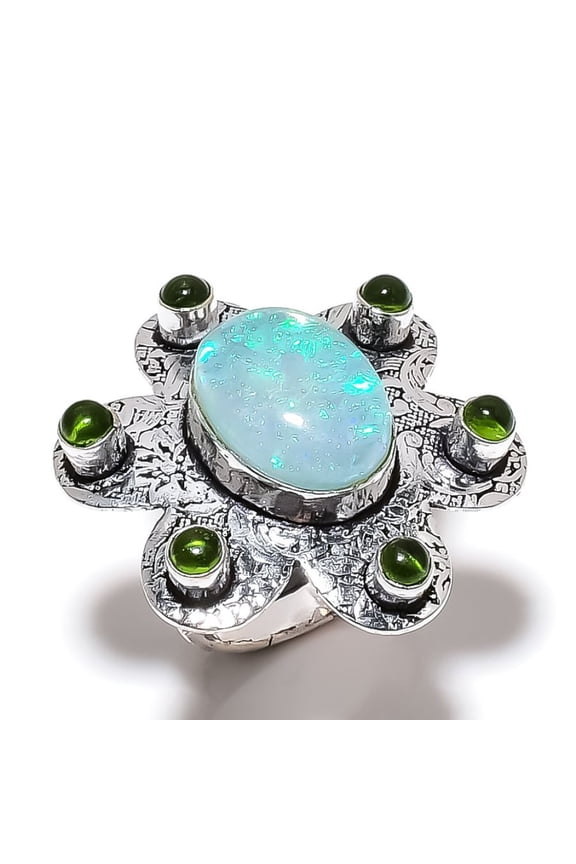 Natural Green Triplet Opal,Peridot Gemstone 925 Sterling Silver Ring Size 9