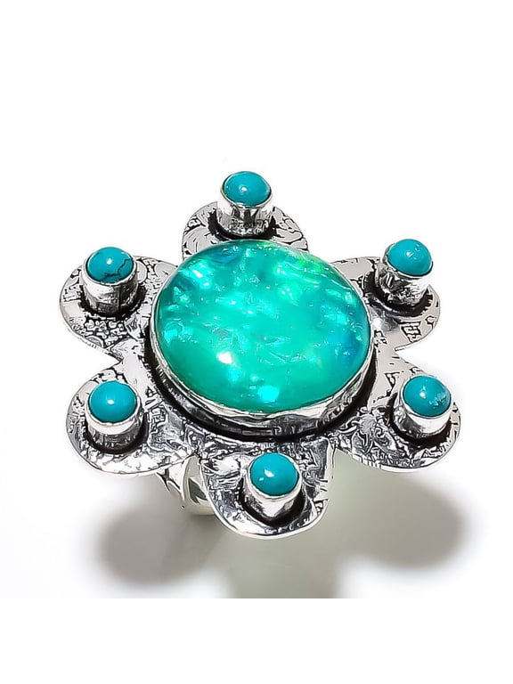 Natural Green Triplet Opal, Turquoise Gemstone 925 Sterling Silver Ring S.7