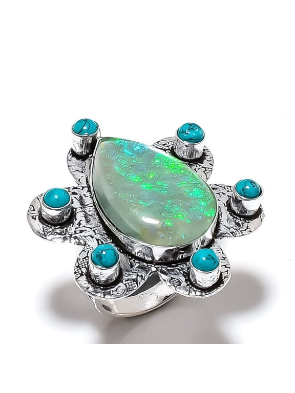 Natural Green Triplet Opal, Turquoise Gemstone 925 Sterling Silver Ring S.8
