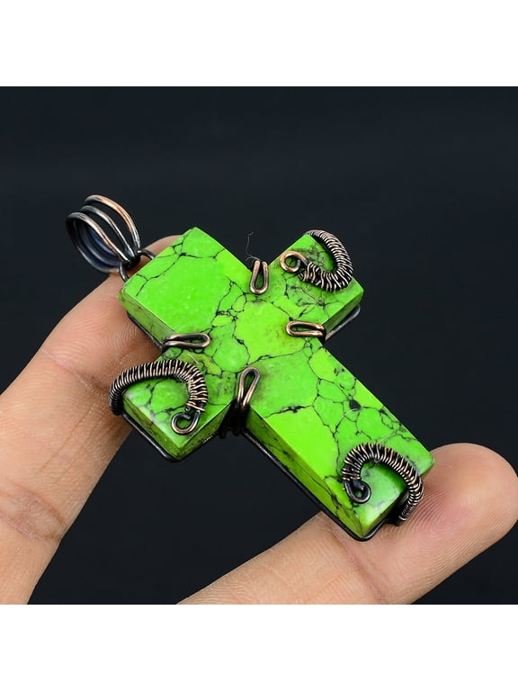Natural Green Turquoise Handmade Copper Wire Wrapped Cross Pendant 2.8"