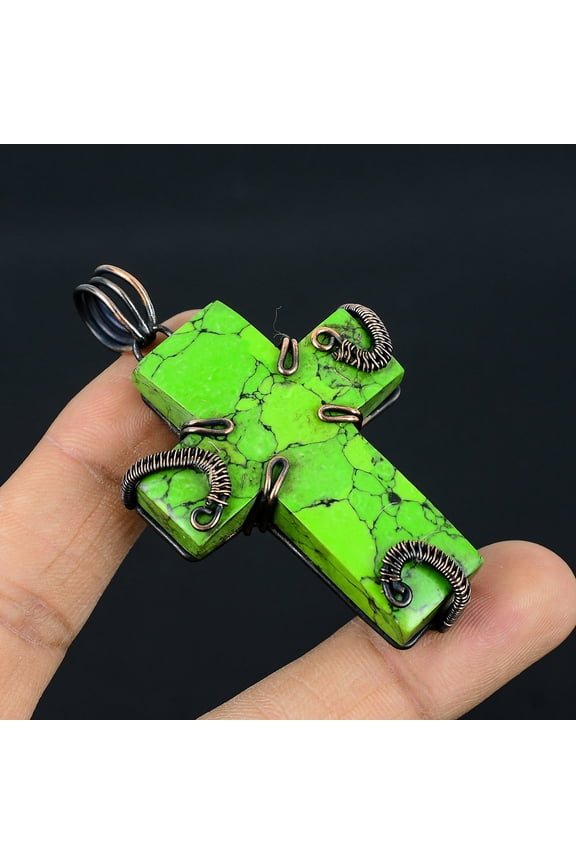 Natural Green Turquoise Handmade Copper Wire Wrapped Cross Pendant 2.8"