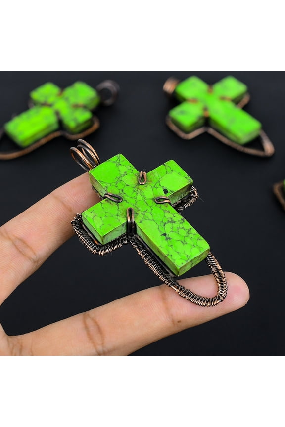 Natural Green Turquoise Handmade Copper Wire Wrapped Cross Pendant 3.1"