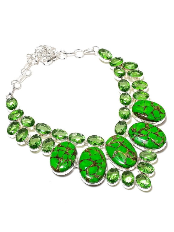 Natural Green Turquoise,Peridot Gemstone 925 Sterling Silver Necklace 18"