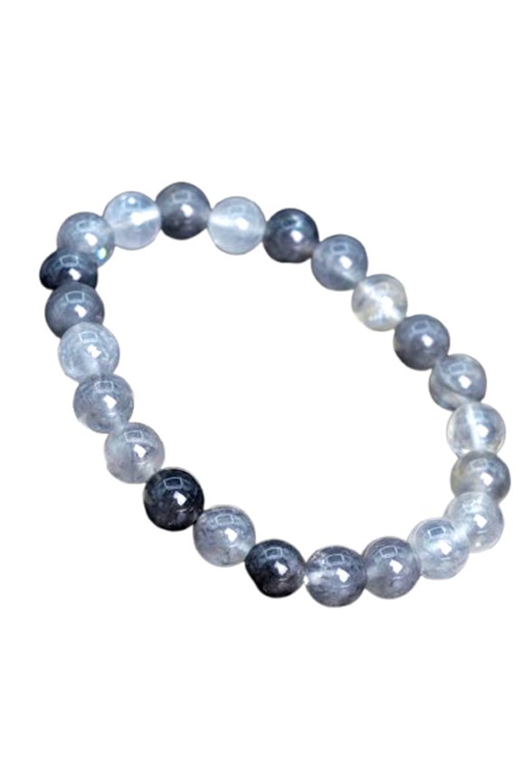 Natural Grey Crystal Quartz 8mm Round Shape Smooth Cut Beads Stretchable Bracelet For Men & Women. Unisex Bracelet