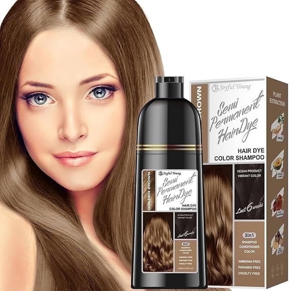 Hair Dye Shampoo 3-in-1 with Natural Ingredients Semi-Permanent Gray Hair Coverage, Color Depositing Shampoo for Women & Men, Vegan, Ammonia-Free (GOLDEN BROWN)