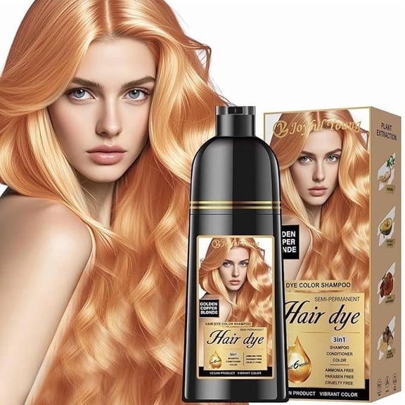 Hair Dye Shampoo 3-in-1 with Natural Ingredients Semi-Permanent Gray Hair Coverage, Color Depositing Shampoo for Women & Men, Vegan, Ammonia-Free (Golden Copper Blonde))
