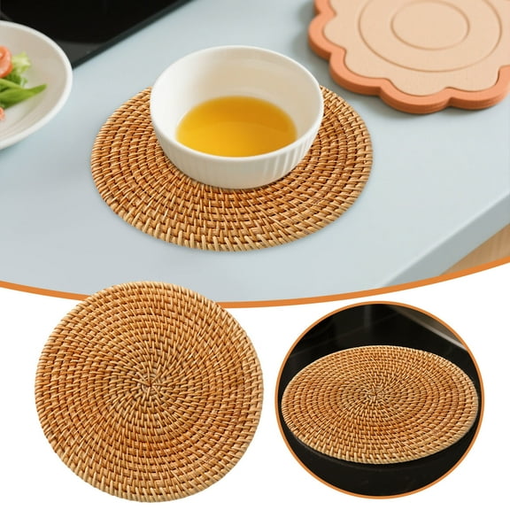 Natural Hand Woven Rattan Circular Placemat for Dining Table Heat Insulation Kitchen Countertop Decorative Straw Trivet