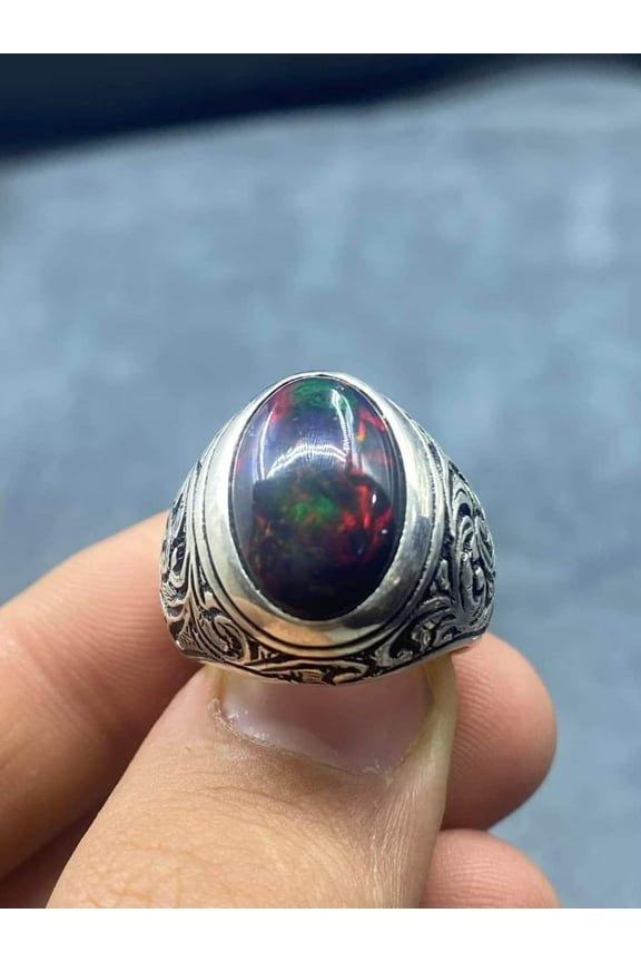 Natural Handmade Black Ethiopian Opal Ring For Men, Sterling 925 Silver Ring, Black Opal Men's Wedding Ring, Opal Gemstone Ring For Men
