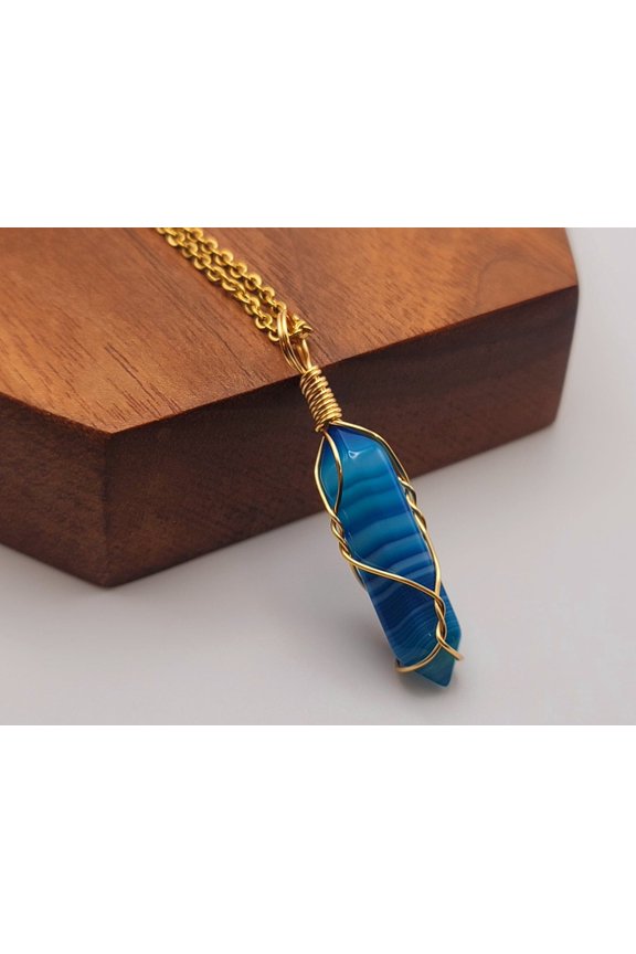 Natural Handmade Crystal Necklace Gold Tone Agate, Blue Agate,