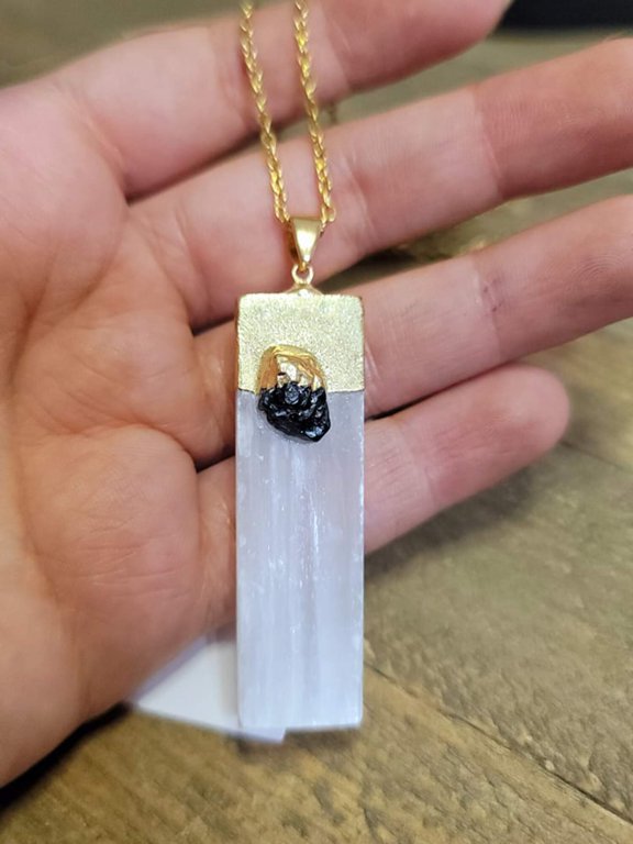 Natural Handmade Crystal Necklace Gold Tone Selenite Healing Crystal