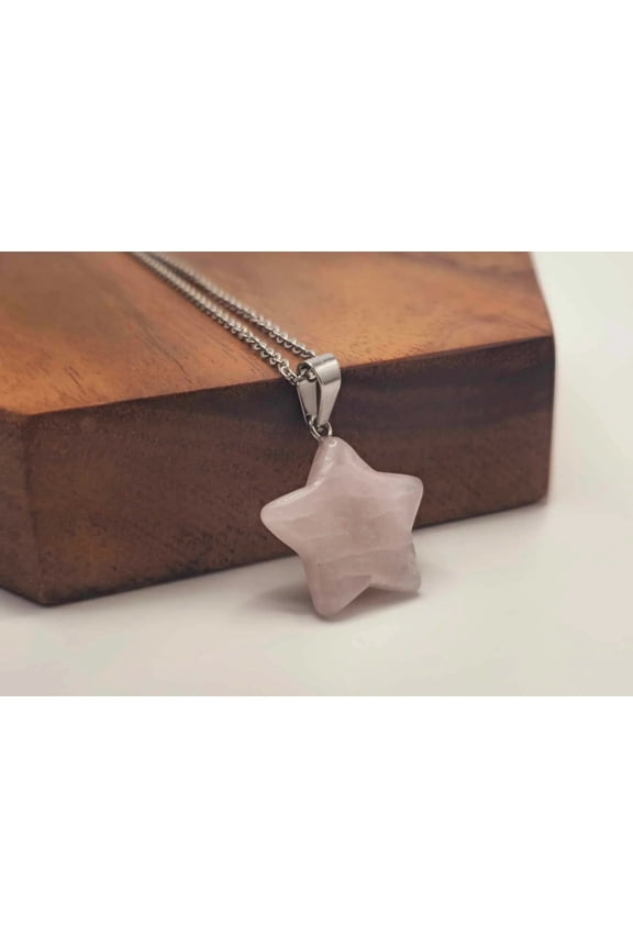 Natural Handmade Crystal Necklace Silver Tone Rose Quartz Star Pendant Necklace