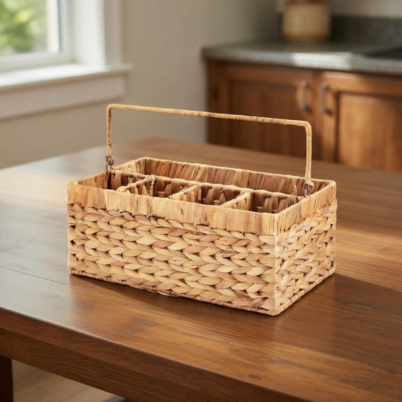 Natural Handwoven Kitchen Organizer Basket with 5 Divided Compartments and Handle Multifunctional Countertop Caddy for Utensils, Condiments, Plates and Napkins