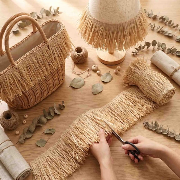 Natural Handwoven Raffia Fringe Trim 39.37 Inch, Straw Fringe Skirt DIY Craft Supply for Toy Accessories Luggage Home Party Decoration