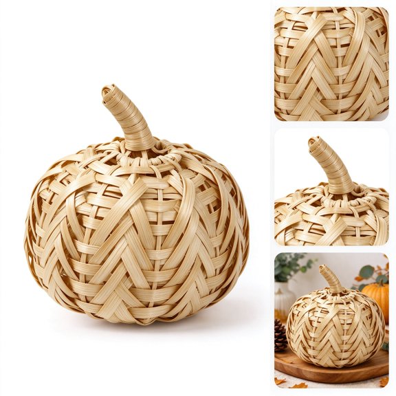 Natural Handwoven Rattan Pumpkin, Retro Wicker Harvest Pumpkin with Twisted Stem for Fall Thanksgiving Table, Mantel, Shelf and Farmhouse Home Decor