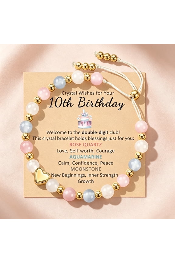 Natural Healing Crystal Adjustable Beaded Bracelet, Birthday Jewelry Gift for 10 Year Old Girls, Aquamarine Moonstone Rose Quartz Clear Quartz Bracelet for Daughter Granddaughter Niece Goddaught