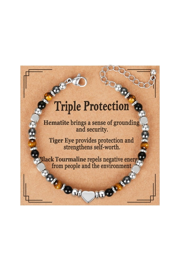 Natural Healing Crystal Bracelet for Women, Anxiety Relief Triple Protection New Beginnings Good Luck Empath Protection Jewelry Gift for Friends Mom 6.5+2 Inches
