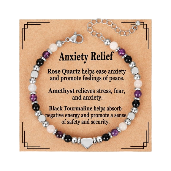 Natural Healing Crystal Bracelet for Women, Anxiety Relief Triple Protection New Beginnings Good Luck Empath Protection Jewelry Gift for Friends Mom 6.5+2 Inches