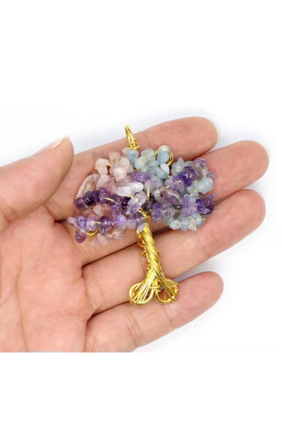 Natural Healing Crystal Tree of Life Wire Wrapped Chip Stone Pendant Reiki Gift