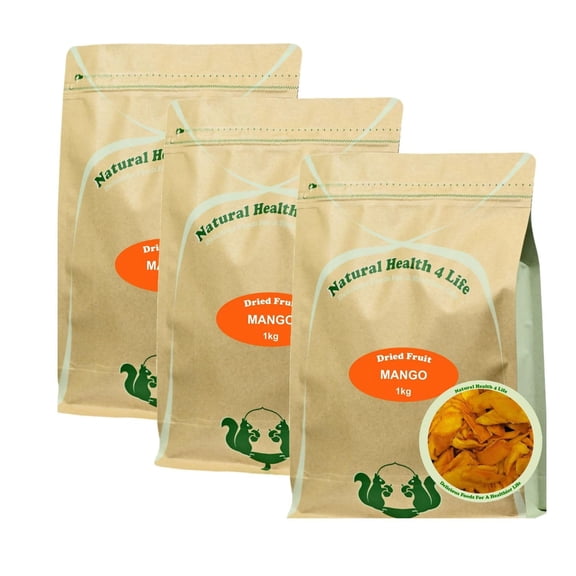 Natural Health 4 Life Pack of 3 Dried Mango Slices 1kg - Large 6-9cm Dried Mango Strips - No Sugar, Vegan & Gluten-Free - Produce of Cambodia.