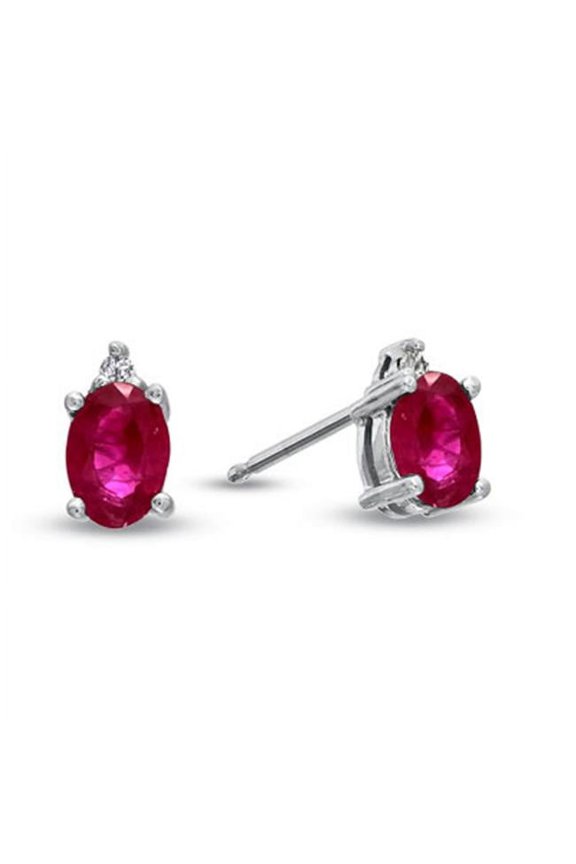 Natural Heated Oval Ruby And Diamond Earring In 14K Gold