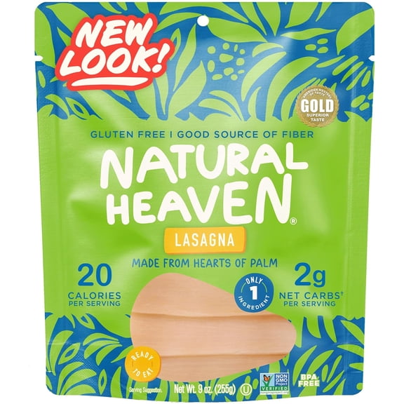 Natural Heaven Hearts of Palm Lasagna Pasta | Gluten-Free | 4g of Carbs | High Fiber | Keto | Paleo | Vegan - Vacuum Packed - (9oz ? 1 Count)