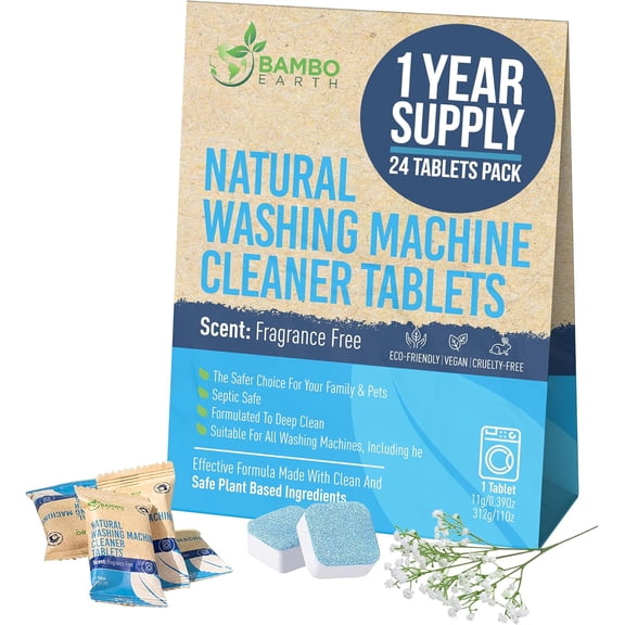 Natural Heavy Duty Washing Machine Cleaner Tablets - Plant Based & Eco Friendly Alternative Refill Laundry Tub Cleaning Tabs For Top Load or Front Loader - 24 Pack Pods For Clean & Fresh Washer