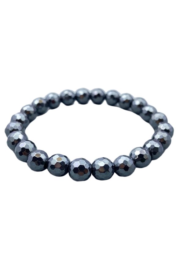 Natural Hematite 8mm Round Shape Faceted Cut Beads Stretchable Bracelet For Men & Women. Unisex Bracelet