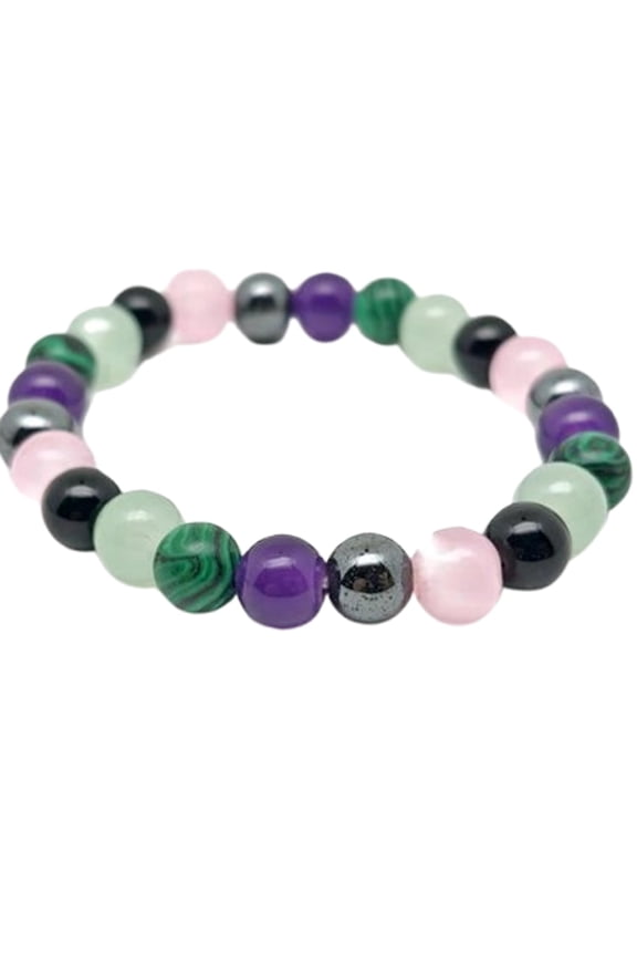 Natural Hematite, Amethyst, Malachite, Aventurine & Obsidian 8mm Round Shape Smooth Cut Beads Stretchable Bracelet For Men & Women. Unisex Bracelet For Healing