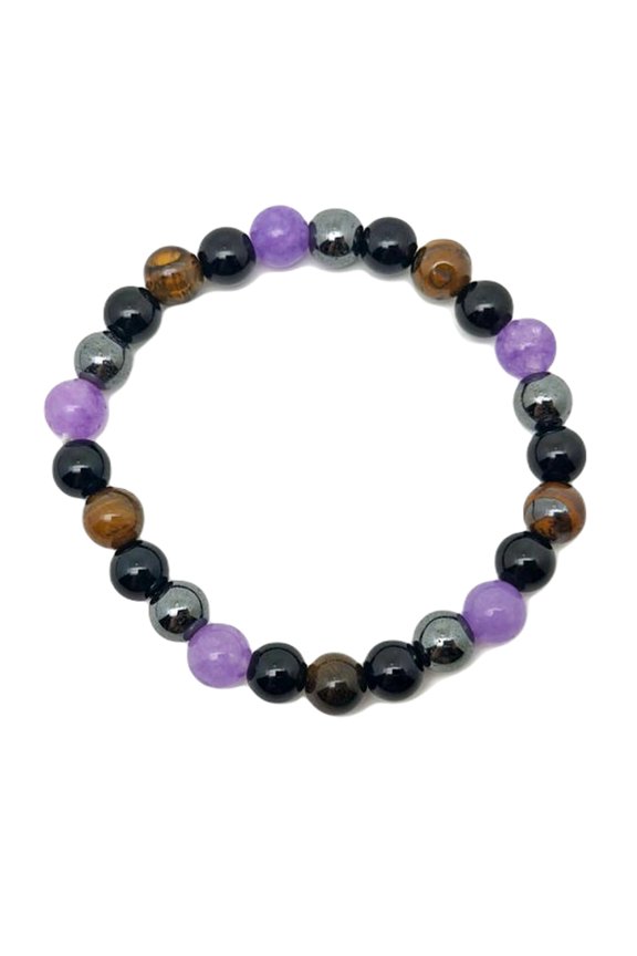 Natural Hematite, Obsidian, Tigers Eye & Amethyst 8mm Round Shape Smooth Cut Beads Stretchable Bracelet For Men & Women. Unisex Bracelet