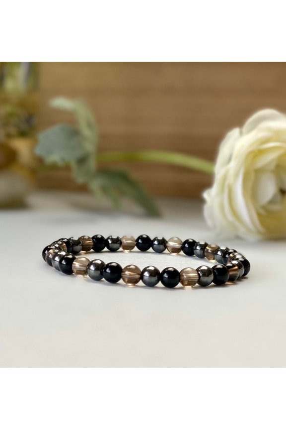 Natural Hematite, Smoky Quartz & Black Onyx 8mm Round Shape Smooth Cut Beads Stretchable Bracelet for Men & Women.