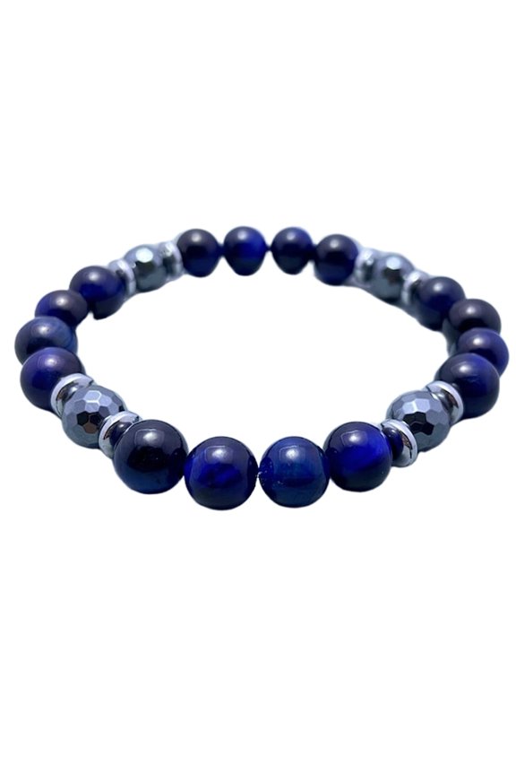 Natural Hematite & Tigers Eye 8mm Round Shape Faceted & Smooth Cut Beads Stretchable Bracelet For Men & Women. Unisex Bracelet
