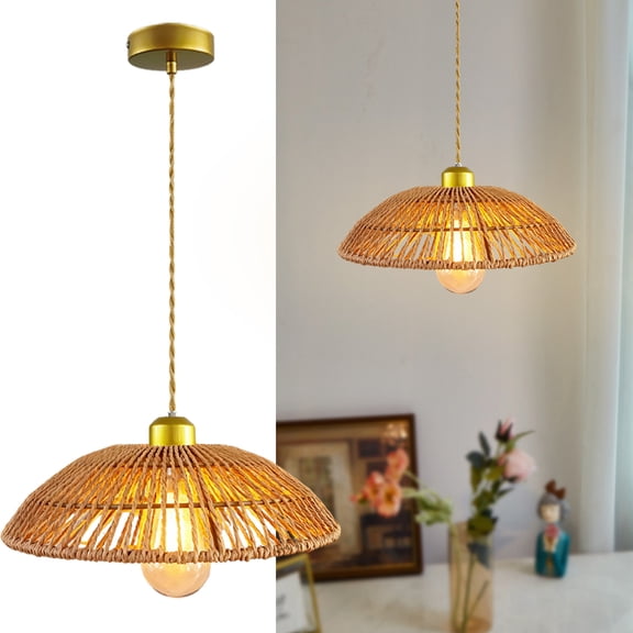 Natural Hemp Rope Pendant Light, 11.8" Woven Boho Chandelier, Adjustable Gold Hanging Light Fixture, E26 Base, Farmhouse Wicker Pendant Lamp for Kitchen Island, Dining Room, Bedroom, Living Room
