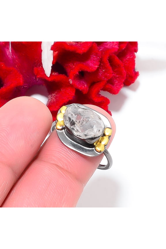 Natural Herkimer Diamond Quartz Black And Gold Plated 925 Sterling Silver Ring S.8.5 R844144, Christmas Gift