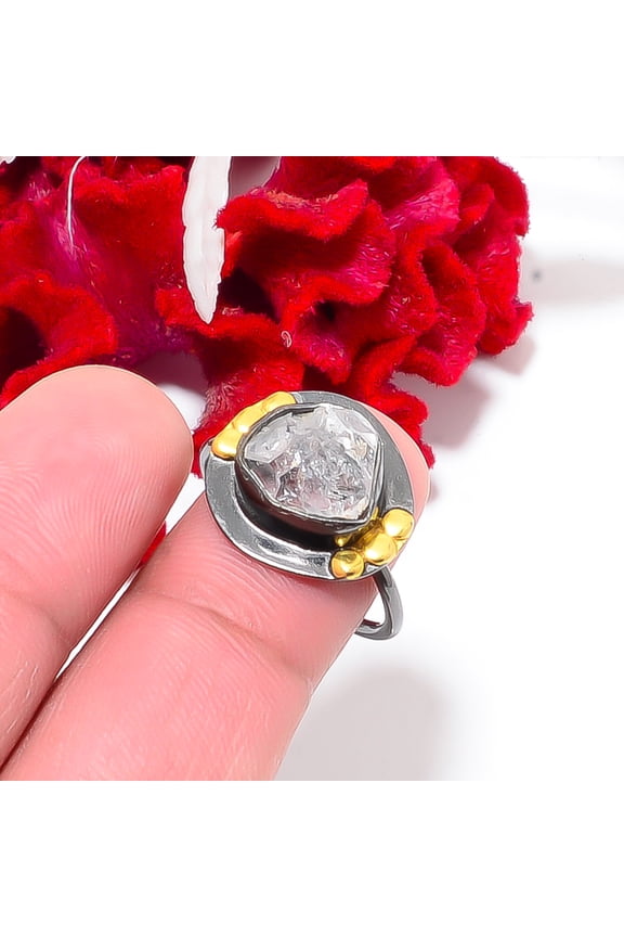 Natural Herkimer Diamond Quartz Black And Gold Plated 925 Sterling Silver Ring S.8.5 R844147, Christmas Gift