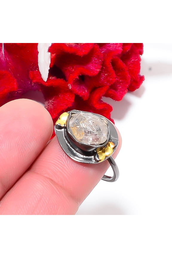 Natural Herkimer Diamond Quartz Black And Gold Plated 925 Sterling Silver Ring S.8.5 R844150, Christmas Gift