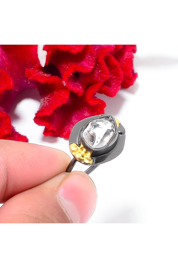 Natural Herkimer Diamond Quartz Black And Gold Plated 925 Sterling Silver Ring S.8.5 R844151, Christmas Gift