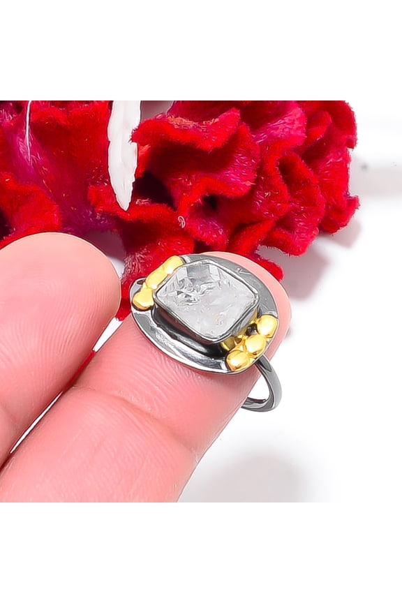 Natural Herkimer Diamond Quartz Black And Gold Plated 925 Sterling Silver Ring S.8 R844145, Christmas Gift