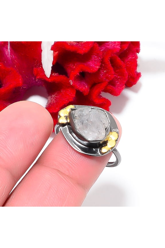 Natural Herkimer Diamond Quartz Black And Gold Plated 925 Sterling Silver Ring S.8 R844148, Christmas Gift