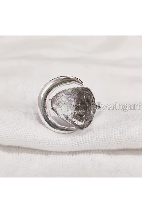 Natural Herkimer Diamond Ring, Raw Herkimer Diamond Ring, Crescent Moon Adjustable Ring, 925 Sterling Silver, Womens Ring, Christmas, Thanksgiving, Handmade, Statement Jewelry, Rough Gemstone Jewelry