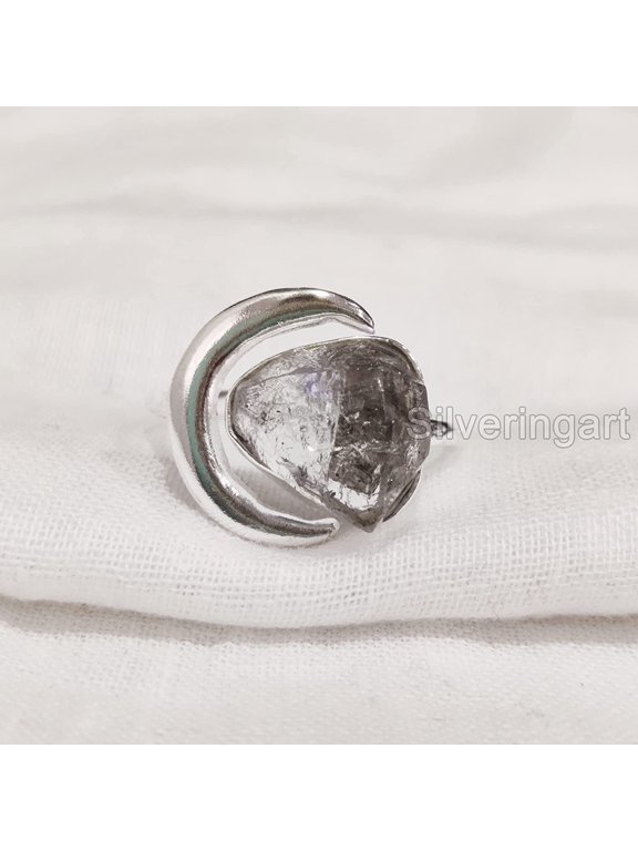 Natural Herkimer Diamond Ring, Raw Herkimer Diamond Ring, Crescent Moon Adjustable Ring, 925 Sterling Silver, Womens Ring, Christmas, Thanksgiving, Handmade, Statement Jewelry, Rough Gemstone Jewelry
