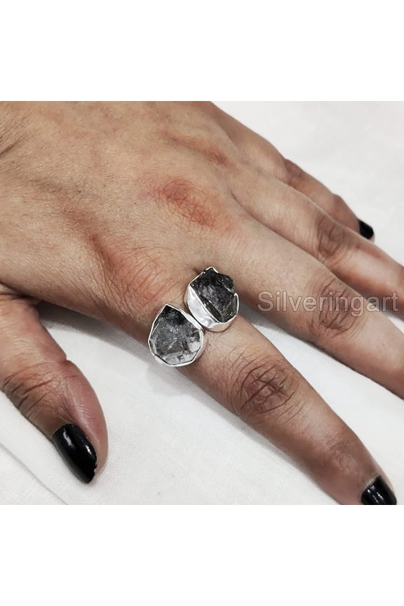 Natural Herkimer Diamond Ring, Rough Herkimer Diamond Ring, Adjustable, Double Stone, 925 Sterling Silver, Womens Ring, Christmas, Thanksgiving, Handmade, Statement Jewelry, Rough Gemstone Jewelry